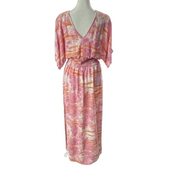 KNOX ROSE Maxi Dress V Neck Short Sleeve Side Slits Tie Dye Pink M 81-30 - Picture 3 of 13